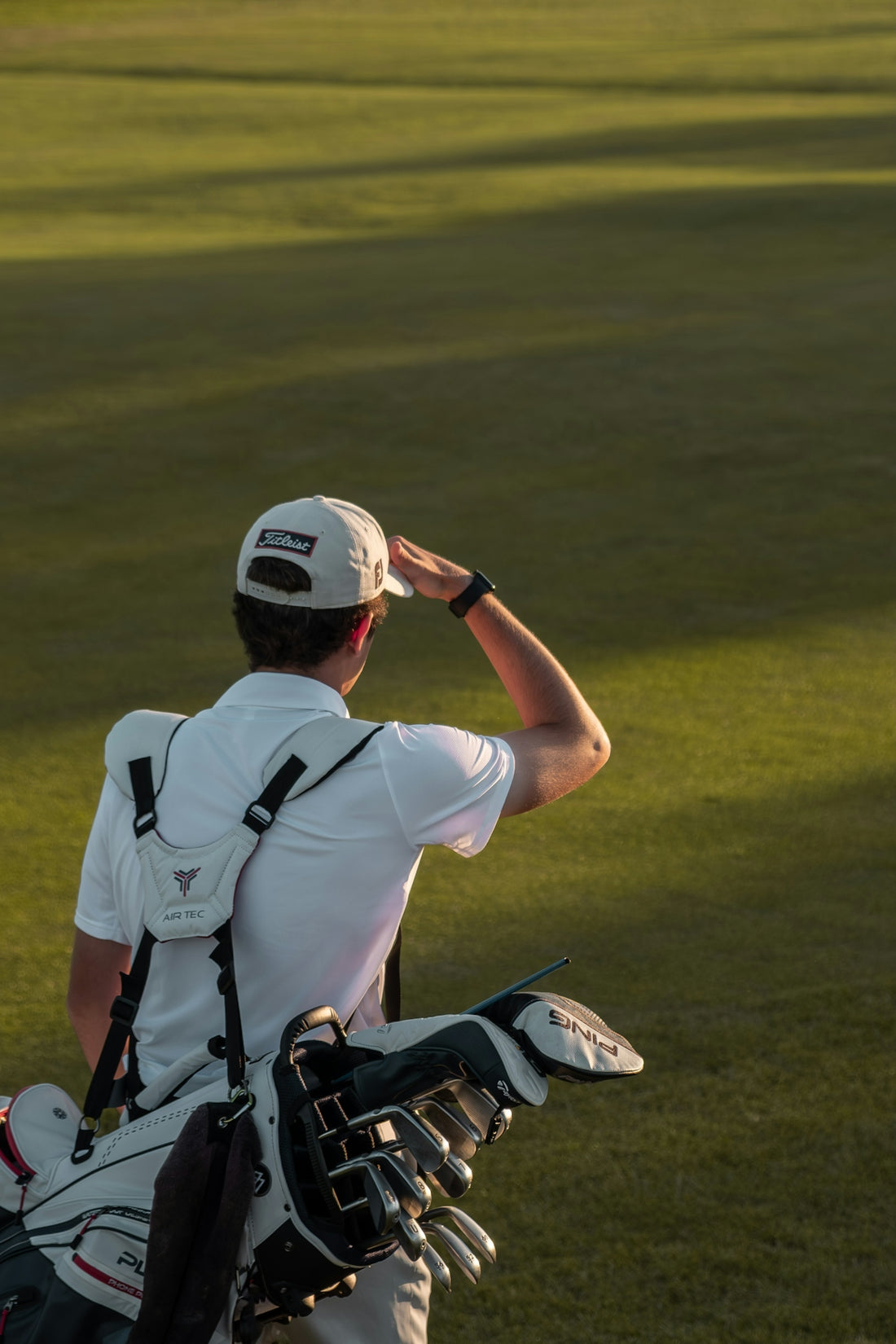 A golfer looks towards the green.